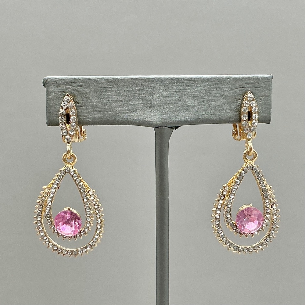 Dangle Earrings Women Pink Gold Tone Teardrop Rhinestone Crystal Clip On Glam